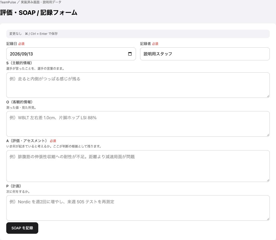 評価・SOAP：記録フォームの実装済み画面。説明用データで表示。