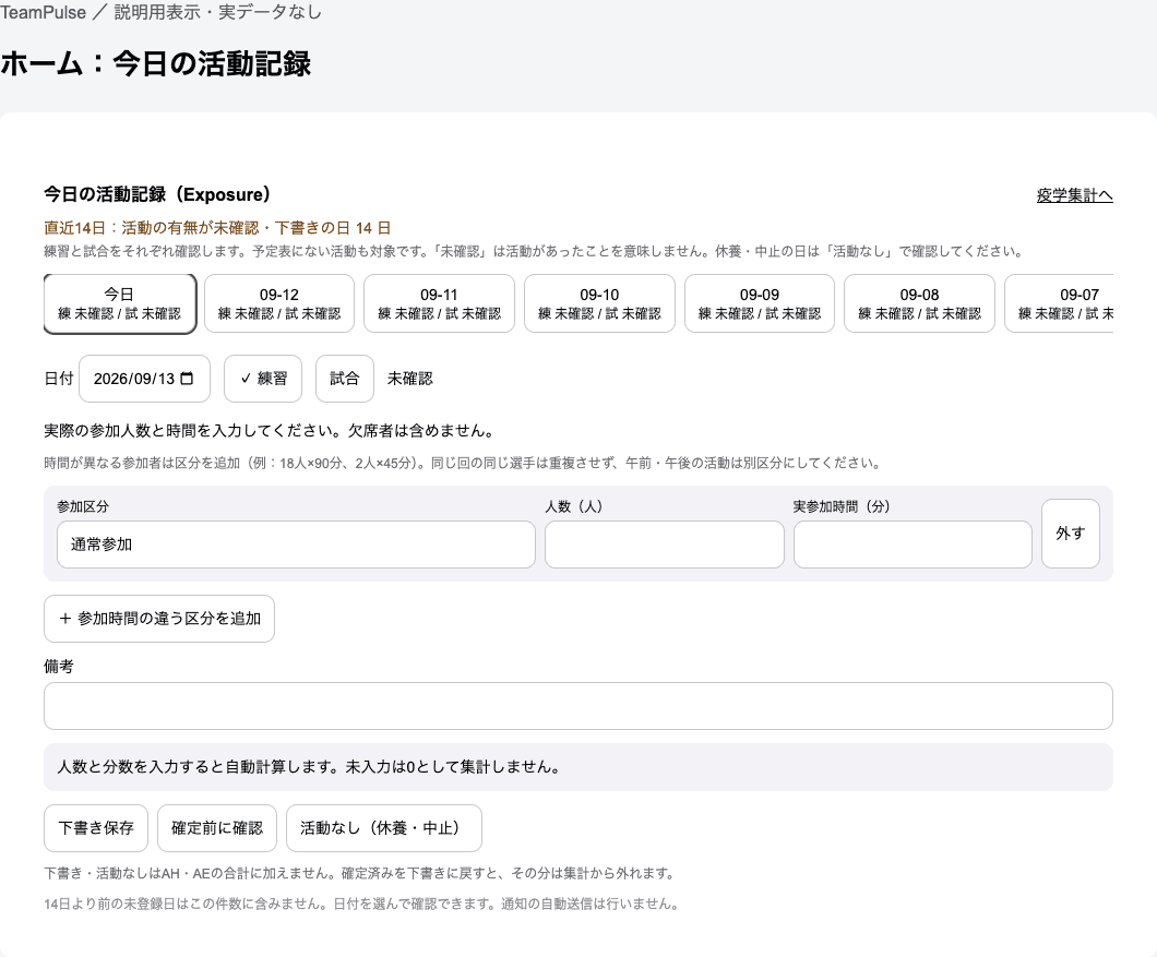 毎日の活動記録を確定するの実装済みフォーム。説明用の空欄またはダミーデータで表示。