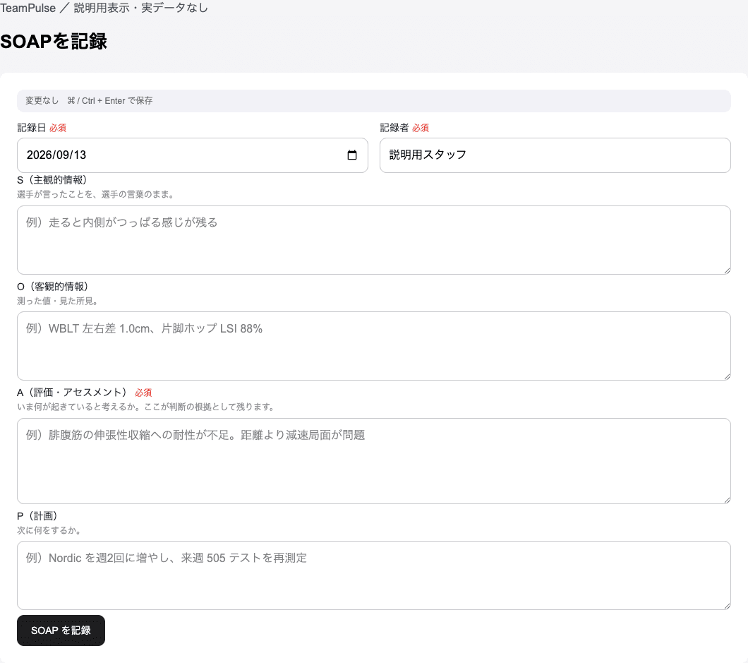 評価・SOAPを記録するの実装済みフォーム。説明用の空欄またはダミーデータで表示。